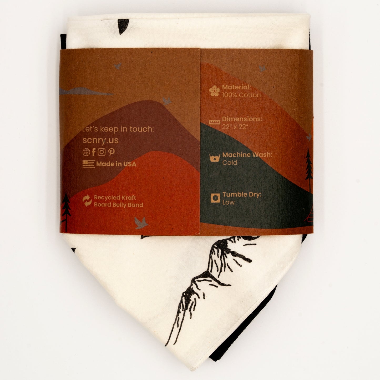 2 Pack White and Black Bandana, unisex, 100% Cotton, Birds & Mountains Design pattern, Proudly Made in the USA.