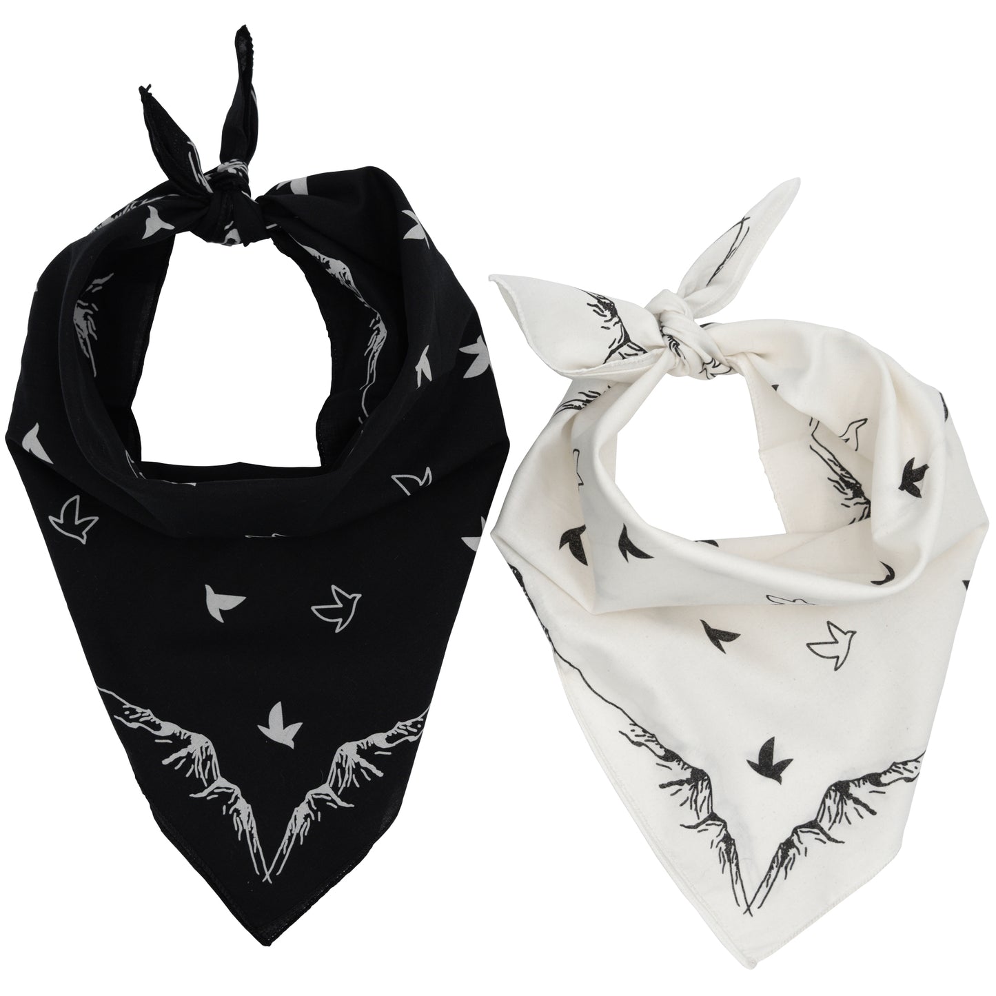 2 Pack White and Black Bandana, unisex, 100% Cotton, Birds & Mountains Design pattern, Proudly Made in the USA.